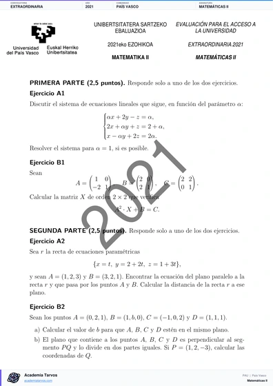 Vista previa de Examen PAU de Matemáticas II de País Vasco 2021 – Extraordinaria