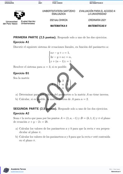 Vista previa de Examen PAU de Matemáticas II de País Vasco 2021 – Ordinaria