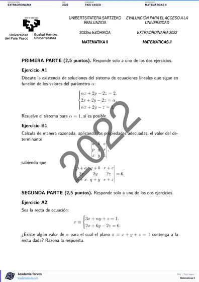 Vista previa de Examen PAU de Matemáticas II de País Vasco 2022 – Extraordinaria