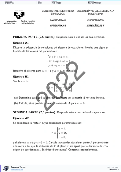 Vista previa de Examen PAU de Matemáticas II de País Vasco 2022 – Ordinaria