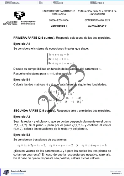 Vista previa de Examen PAU de Matemáticas II de País Vasco 2023 – Extraordinaria