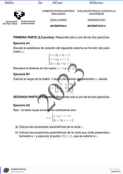 Vista previa de Examen PAU de Matemáticas II de País Vasco 2023 – Ordinaria