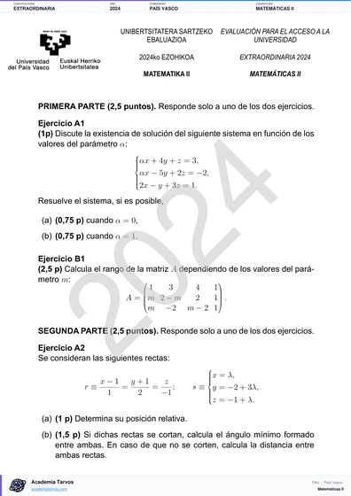 Vista previa de Examen PAU de Matemáticas II de País Vasco 2024 – Extraordinaria
