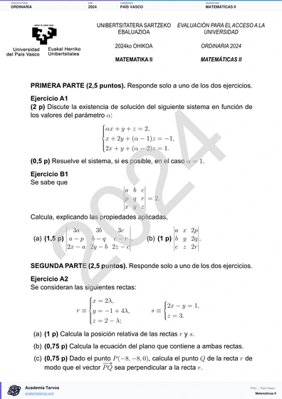 Vista previa de Examen PAU de Matemáticas II de País Vasco 2024 – Ordinaria