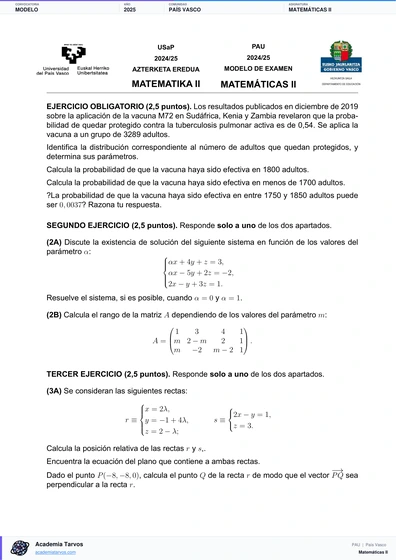Vista previa de Modelo PAU de Matemáticas II de País Vasco 2025