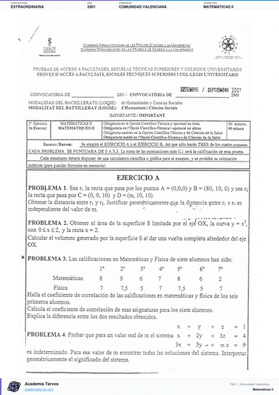 Vista previa de Examen PAU de Matemáticas II de Comunitat Valenciana 2001 – Extraordinaria