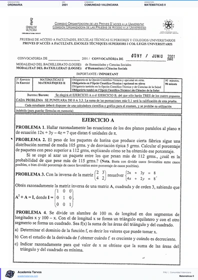 Vista previa de Examen PAU de Matemáticas II de Comunitat Valenciana 2001 – Ordinaria