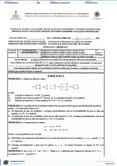 Vista previa de Examen PAU de Matemáticas II de Comunitat Valenciana 2002 – Extraordinaria