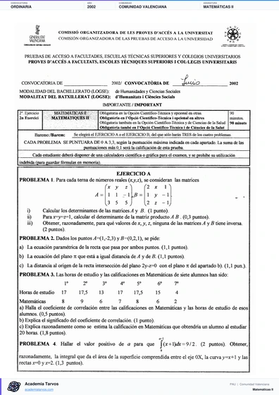 Vista previa de Examen PAU de Matemáticas II de Comunitat Valenciana 2002 – Ordinaria