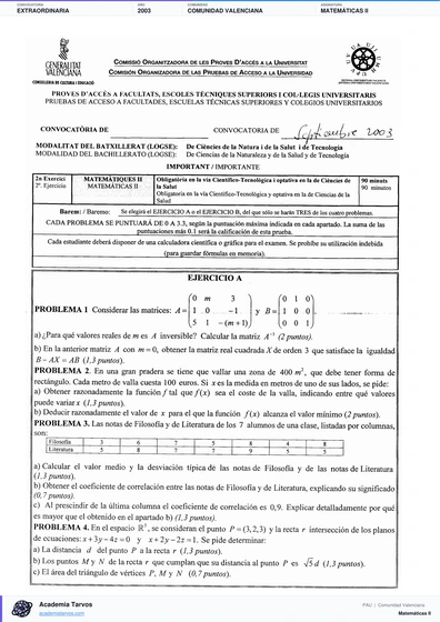 Vista previa de Examen PAU de Matemáticas II de Comunitat Valenciana 2003 – Extraordinaria