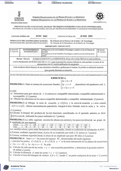 Vista previa de Examen PAU de Matemáticas II de Comunitat Valenciana 2003 – Ordinaria