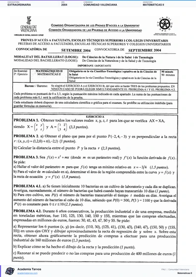 Vista previa de Examen PAU de Matemáticas II de Comunitat Valenciana 2004 – Extraordinaria