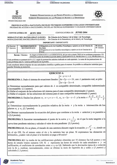 Vista previa de Examen PAU de Matemáticas II de Comunitat Valenciana 2004 – Ordinaria