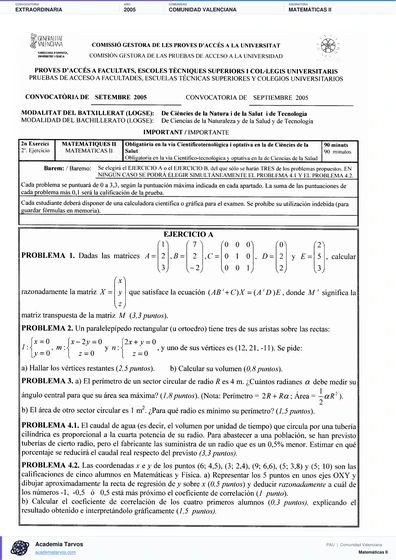 Vista previa de Examen PAU de Matemáticas II de Comunitat Valenciana 2005 – Extraordinaria