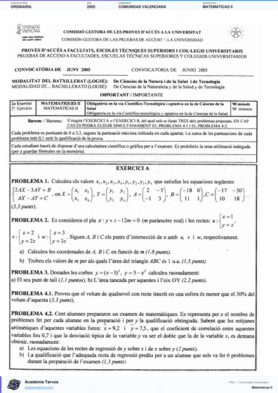 Vista previa de Examen PAU de Matemáticas II de Comunitat Valenciana 2005 – Ordinaria