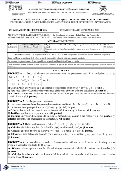 Vista previa de Examen PAU de Matemáticas II de Comunitat Valenciana 2006 – Extraordinaria