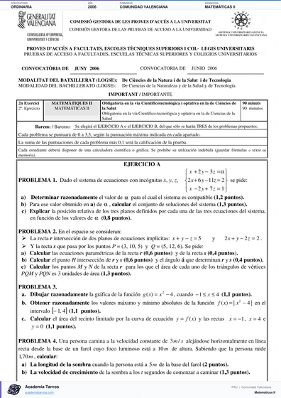 Vista previa de Examen PAU de Matemáticas II de Comunitat Valenciana 2006 – Ordinaria