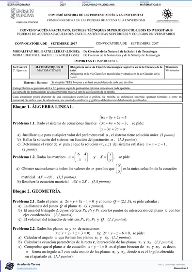Vista previa de Examen PAU de Matemáticas II de Comunitat Valenciana 2007 – Extraordinaria