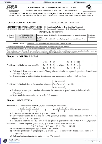 Vista previa de Examen PAU de Matemáticas II de Comunitat Valenciana 2007 – Ordinaria