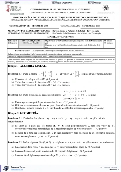 Vista previa de Examen PAU de Matemáticas II de Comunitat Valenciana 2008 – Extraordinaria