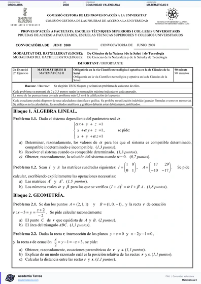 Vista previa de Examen PAU de Matemáticas II de Comunitat Valenciana 2008 – Ordinaria