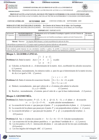 Vista previa de Examen PAU de Matemáticas II de Comunitat Valenciana 2009 – Extraordinaria