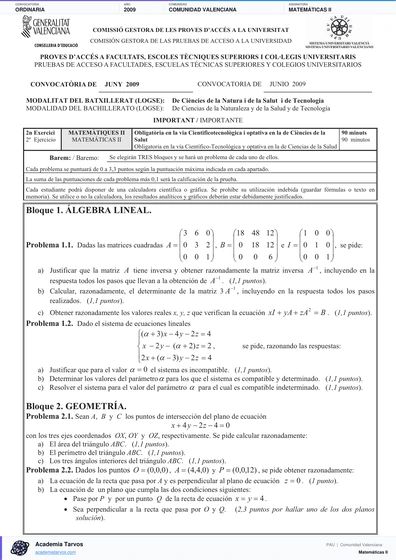 Vista previa de Examen PAU de Matemáticas II de Comunitat Valenciana 2009 – Ordinaria