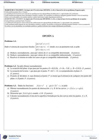 Vista previa de Examen PAU de Matemáticas II de Comunitat Valenciana 2010 – Extraordinaria