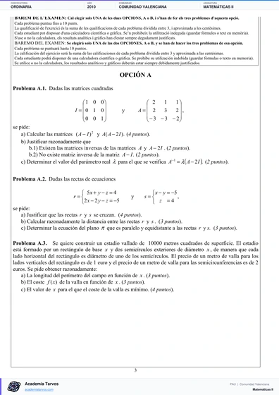Vista previa de Examen PAU de Matemáticas II de Comunitat Valenciana 2010 – Ordinaria