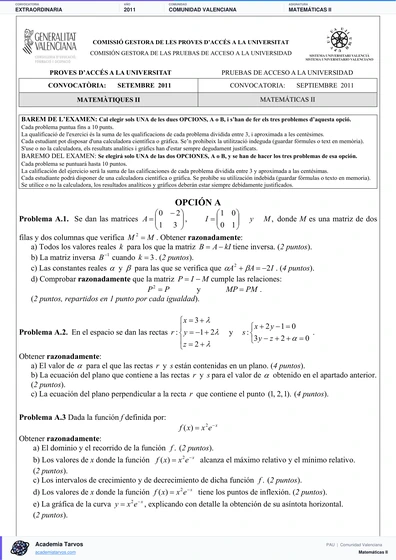 Vista previa de Examen PAU de Matemáticas II de Comunitat Valenciana 2011 – Extraordinaria