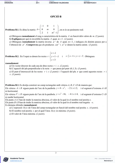 Vista previa de Examen PAU de Matemáticas II de Comunitat Valenciana 2011 – Ordinaria