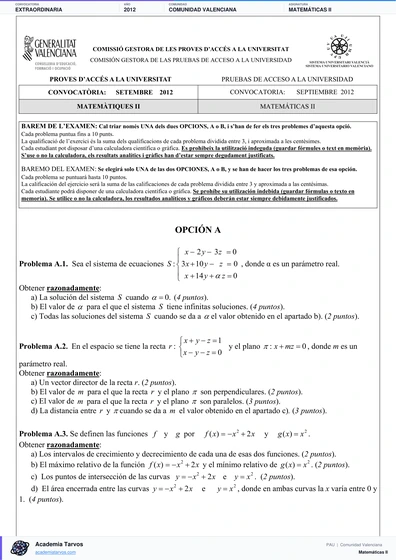 Vista previa de Examen PAU de Matemáticas II de Comunitat Valenciana 2012 – Extraordinaria