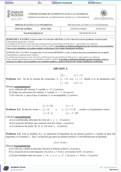 Vista previa de Examen PAU de Matemáticas II de Comunitat Valenciana 2012 – Ordinaria