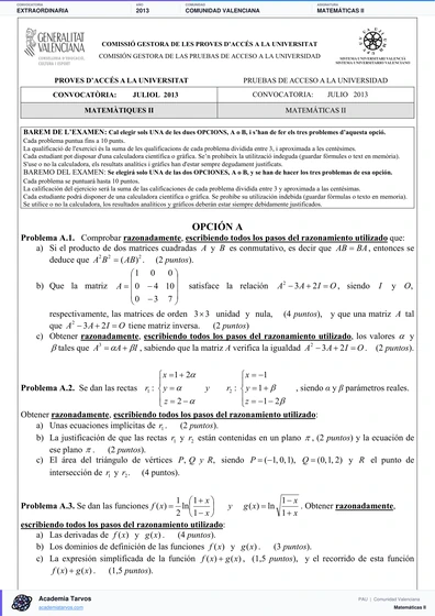 Vista previa de Examen PAU de Matemáticas II de Comunitat Valenciana 2013 – Extraordinaria