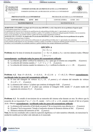 Vista previa de Examen PAU de Matemáticas II de Comunitat Valenciana 2013 – Ordinaria