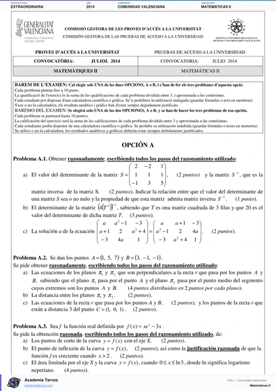 Vista previa de Examen PAU de Matemáticas II de Comunitat Valenciana 2014 – Extraordinaria