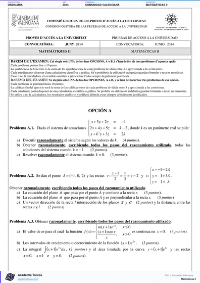 Vista previa de Examen PAU de Matemáticas II de Comunitat Valenciana 2014 – Ordinaria