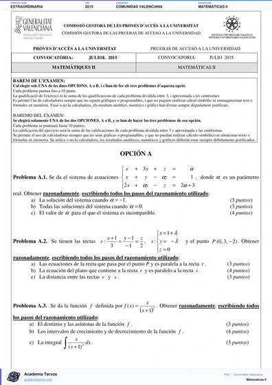 Vista previa de Examen PAU de Matemáticas II de Comunitat Valenciana 2015 – Extraordinaria