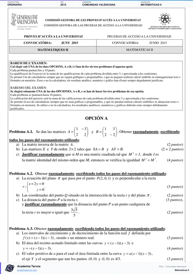 Vista previa de Examen PAU de Matemáticas II de Comunitat Valenciana 2015 – Ordinaria