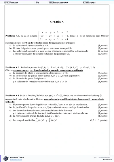 Vista previa de Examen PAU de Matemáticas II de Comunitat Valenciana 2016 – Extraordinaria