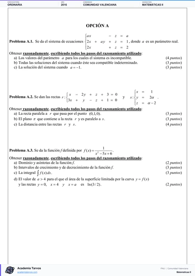 Vista previa de Examen PAU de Matemáticas II de Comunitat Valenciana 2016 – Ordinaria