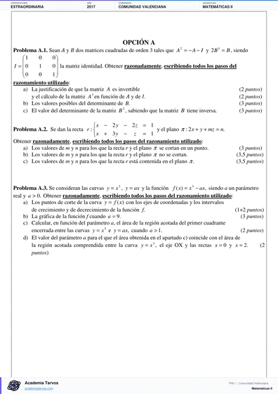 Vista previa de Examen PAU de Matemáticas II de Comunitat Valenciana 2017 – Extraordinaria