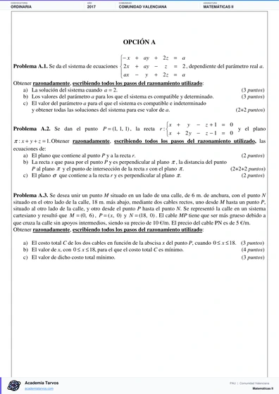 Vista previa de Examen PAU de Matemáticas II de Comunitat Valenciana 2017 – Ordinaria