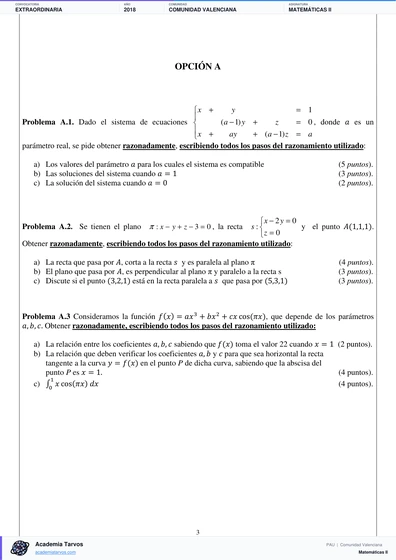 Vista previa de Examen PAU de Matemáticas II de Comunitat Valenciana 2018 – Extraordinaria