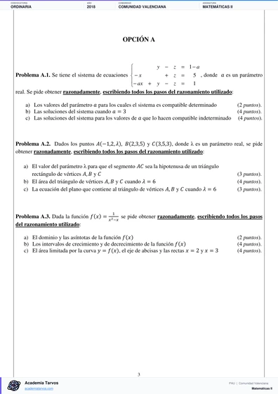 Vista previa de Examen PAU de Matemáticas II de Comunitat Valenciana 2018 – Ordinaria