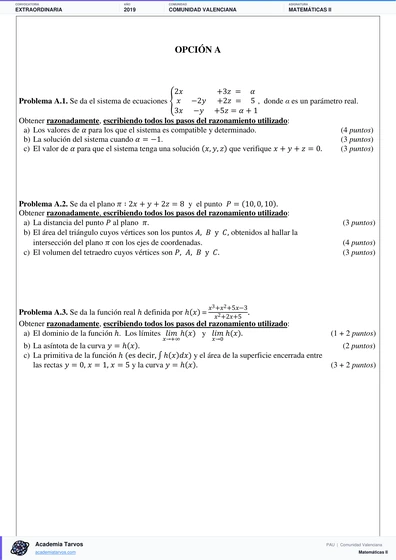 Vista previa de Examen PAU de Matemáticas II de Comunitat Valenciana 2019 – Extraordinaria
