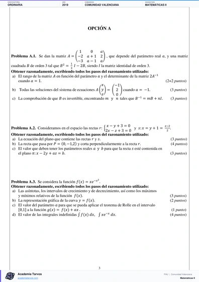 Vista previa de Examen PAU de Matemáticas II de Comunitat Valenciana 2019 – Ordinaria