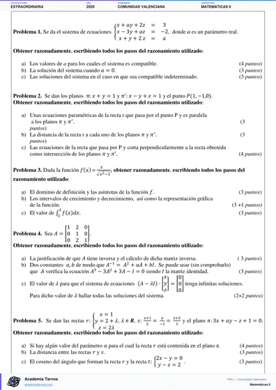 Vista previa de Examen PAU de Matemáticas II de Comunitat Valenciana 2020 – Extraordinaria