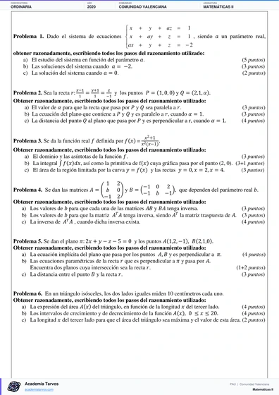 Vista previa de Examen PAU de Matemáticas II de Comunitat Valenciana 2020 – Ordinaria