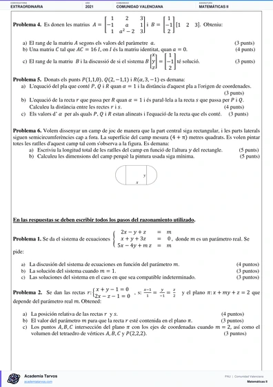 Vista previa de Examen PAU de Matemáticas II de Comunitat Valenciana 2021 – Extraordinaria